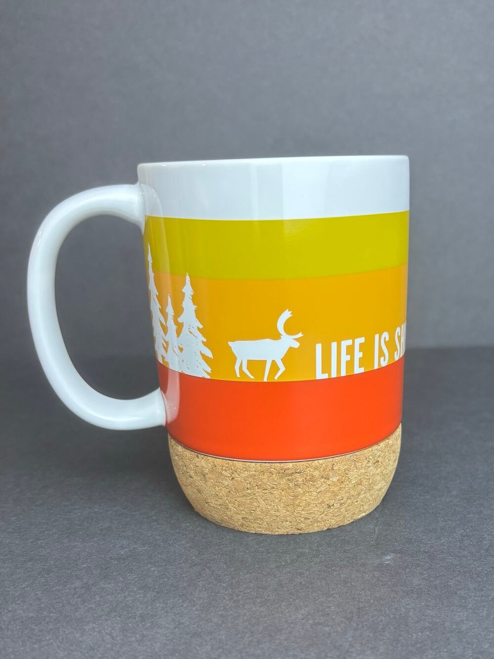 Caribou Coffee Ceramic Mug 2020 14 oz Life is Short Stay Awake for It. Cork Base